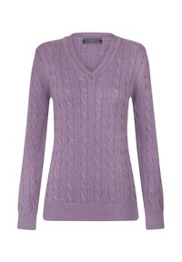 Maglione a V, con maniche lunghe, di colore lavanda chiaro, caratterizzato da un motivo a treccia testurizzato e orlo e polsini a coste. Realizzato in un morbido materiale lavorato a maglia.
