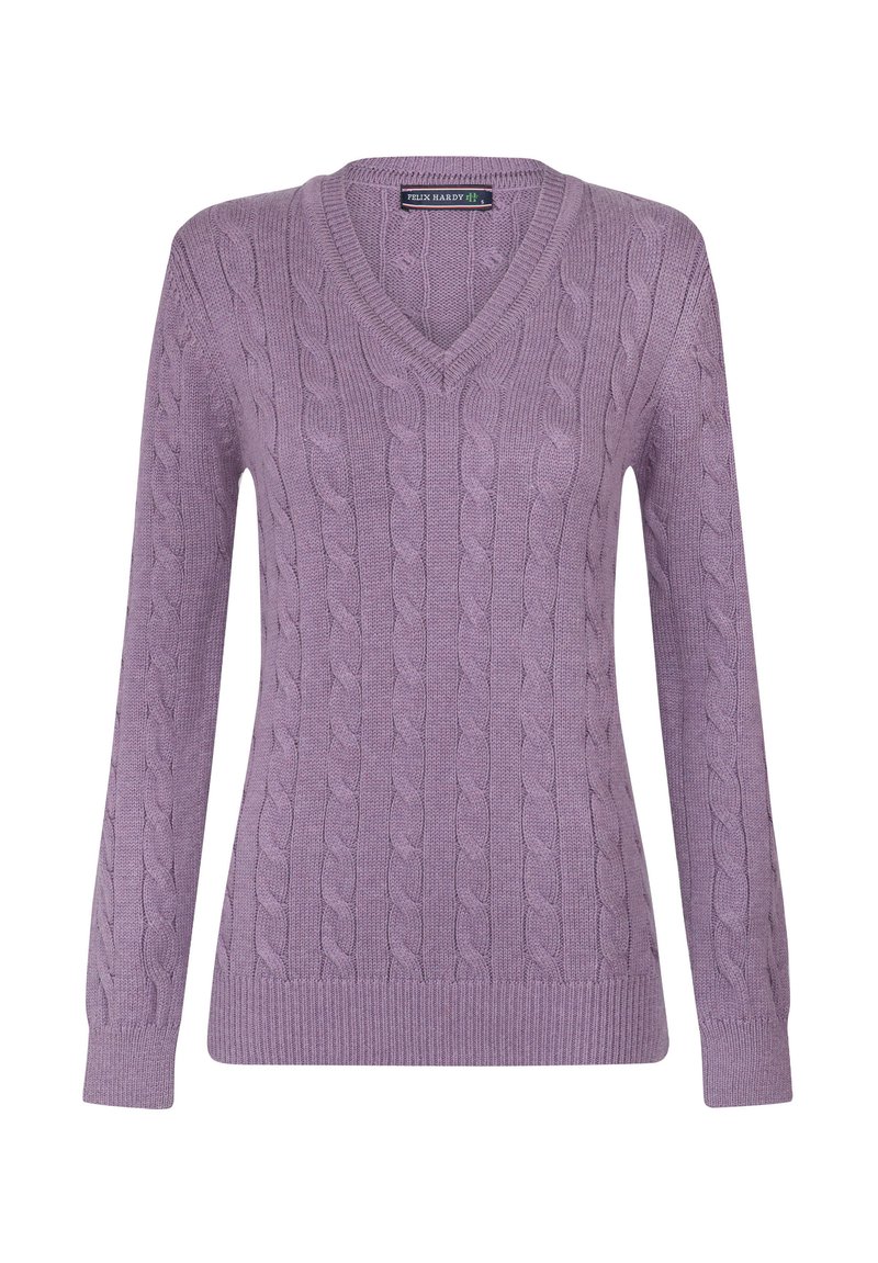 Maglione a V, con maniche lunghe, di colore lavanda chiaro, caratterizzato da un motivo a treccia testurizzato e orlo e polsini a coste. Realizzato in un morbido materiale lavorato a maglia.