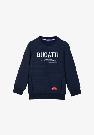 Felpa a maniche lunghe di un blu navy strutturato con testo "BUGATTI" e contorno dell'auto sul davanti, polsini a costine e patch del logo Bugatti rosso vicino all'orlo.