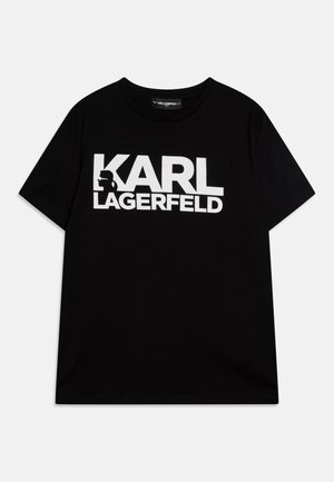 T-shirt nera in cotone con maniche corte, con grande logo bianco "KARL LAGERFELD" e grafica a silhouette sul davanti.