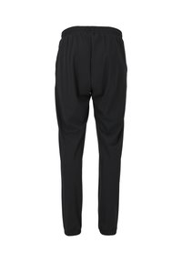 Schwarze Sporthose mit elastischem Bund, schmal zulaufenden Beinen und glatter Stoffstruktur. Keine sichtbaren Taschen oder Muster.