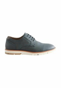 Blue leather dress shoe with a rounded toe, white sole, and brown accents. Features a smooth texture and traditional lace-up design.