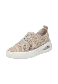 Beige Spitzen-Sneaker mit Textiloberteil, das ein aufwendiges Muster aufweist, grauen Schnürsenkeln, weißer Sohle und einer sichtbaren Luftdämpfungseinheit.