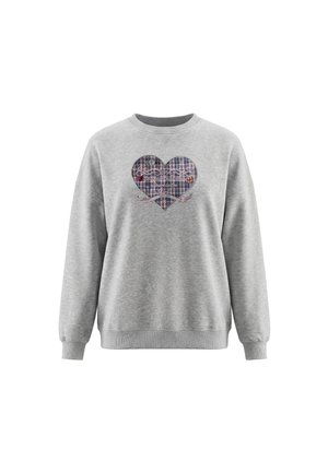 Lysegrå langærmet sweatshirt med ribkanter ved ærmer og krave, med et ternet hjerteformet design med dekorativ tekst og små ikoner.