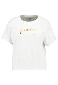 Valkoinen puuvillat-paita, jossa on lyhennetty muotoilu, edessä metallinhohtoinen kultainen "LEVI'S"-logo ja pyöreä pääntie.