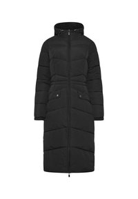 Cappotto lungo imbottito nero con chiusura a zip, cappuccio e coulisse. Presenta un trapuntato orizzontale e due tasche frontali con bottoni a pressione.