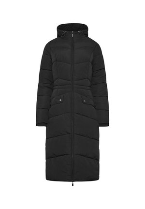 Manteau long noir matelassé avec fermeture éclair, capuche et cordon de serrage. Présente un quilting horizontal et deux poches avant avec boutons-pression.