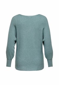 Suéter de punto acanalado azul claro con mangas largas y puños anchos, mostrado desde la parte trasera sobre un fondo blanco.