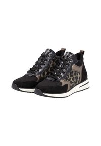 Baskets noires et à motif léopard avec un mélange de daim et de matériaux synthétiques, dotées d'un design à lacets et d'une semelle rembourrée.