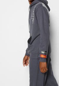 Sudadera gris con un bolsillo frontal, que presenta gráficos de logotipo blanco en el pecho y la manga, paneles laterales grises en contraste y puños acanalados.