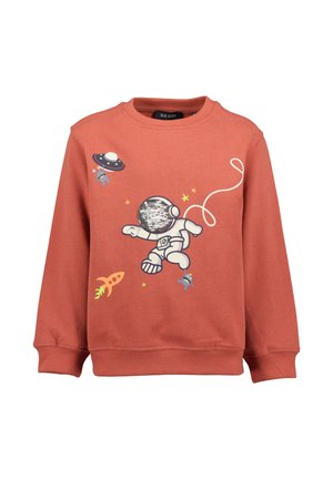 Kindersweater in roestkleur met astronaut-, ruimteschip- en alienplaatjes, met een paillettendetail op de helm van de astronaut.