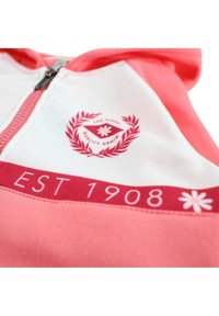 Gros plan sur un sweat à capuche rose et blanc avec le texte "EST 1908" et un logo de couronne de laurier portant l'inscription "The Finest Quality Denim" sur la poitrine.