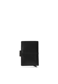 Černá kožená peněženka s elegantním obdélníkovým designem, šitými detaily a bočním zapínáním na patentku pro bezpečné uložení.