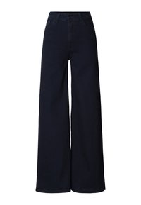 Tmavomodré džínsy s širokými nohavicami z denimu, so zvýšeným pásom, dvomi prednými vreckami a čistým, olemovaným zakončením na nohaviciach.