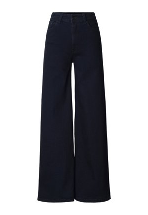 Weiter geschnittene dunkelblaue Jeans aus Denim, mit hoher Taille, zwei Vordertaschen und sauber umsäumten Beinabschlüssen.