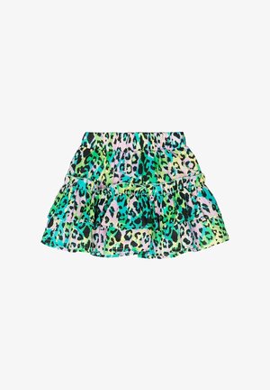 Gonna a strati multicolore con un design a stampa leopardo in verde, nero e tonalità pastello, dotata di una cintura elastica.