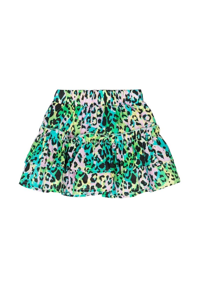 Gonna a strati multicolore con un design a stampa leopardo in verde, nero e tonalità pastello, dotata di una cintura elastica.