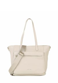 Lys beige tote taske lavet af glat læder, med dobbelt hanke, en aftagelig skulderrem og en lynlåslomme foran.
