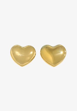 Orecchini a forma di cuore in oro con una superficie liscia e lucida e bordi arrotondati. Ogni orecchino presenta un design simmetrico e una finitura riflettente.