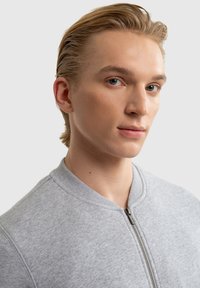 Hallide zip-up jakk, mis on valmistatud pehmest kangast, millel on soonikkoes kaelus ja puhtad õmblused. Sile ja minimalistlik disain.