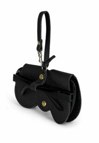 Sac à main en cuir noir avec une finition texturée, présentant un détail en nœud, des garnitures en métal coloris or, et une sangle de poignet pour le transport.