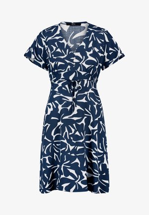 Kortjurk met korte mouwen in marineblauw en wit, met een abstract bladermotief, V-hals met drie knopen en verstelbare tailleband.
