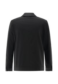 Black jacket with a smooth texture, classic collar, and long sleeves. Features buttoned cuffs and a minimalist design, shown from the back.