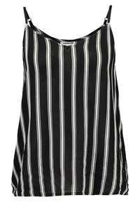 Black and white striped camisole with thin adjustable straps, soft fabric, loose fit, and a rounded hem at the bottom.