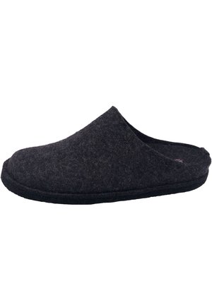 Chausson en feutre gris foncé avec un dos fermé et un design à bout ouvert. Texture douce, forme courbée et semelle en caoutchouc noire.