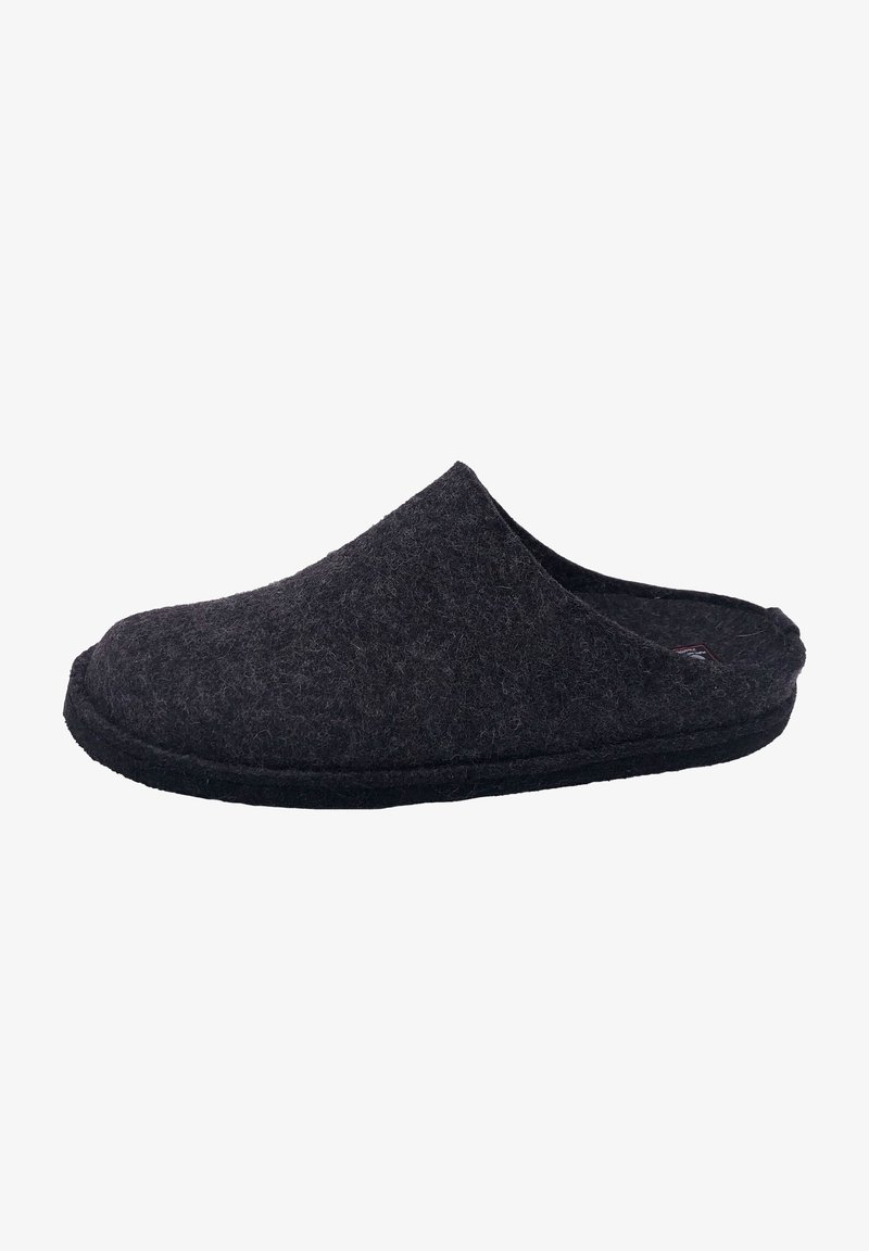 Dunkelgrauer Filzhausschuh mit geschlossenem Fersenbereich und offenem Zehendesign. Weiche Textur, geschwungene Form und schwarze Gummisohle.