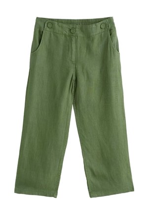 Groene broek met wijde pijpen, elastische tailleband, knopen aan de voorkant en zijzakken.