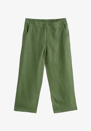 Rohelised laia säärega püksid elastse vöökohaga, ees nööpidega ja küljetaskutega.