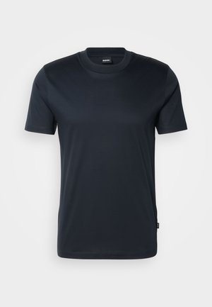 Navy-blaues Kurzarm-T-Shirt aus weicher Baumwolle. Mit Rundhalsausschnitt und glatter Textur, mit einem kleinen Etikett auf der linken Seite.