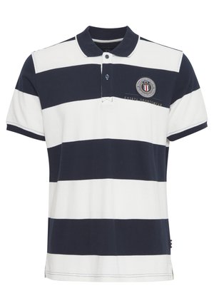 Polo a righe blu navy e bianche realizzato in tessuto di cotone. Presenta un colletto con bottoni e un ricamo del logo sul petto. Maniche corte.