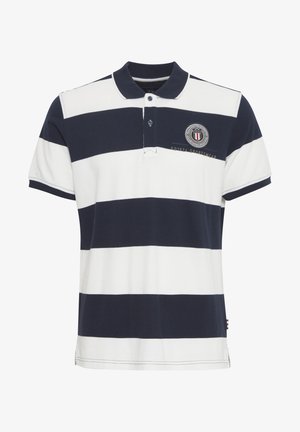 Polo cu dungi marină și albă, realizat din țesătură de bumbac. Dispune de o cămașă cu guler butonat și broderie a logo-ului pe piept. Mâneci scurte.