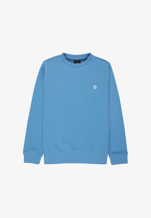 Felpa blu con scollo rotondo, maniche lunghe, polsini e orlo a costine, e un piccolo logo circolare bianco sul lato sinistro del petto.