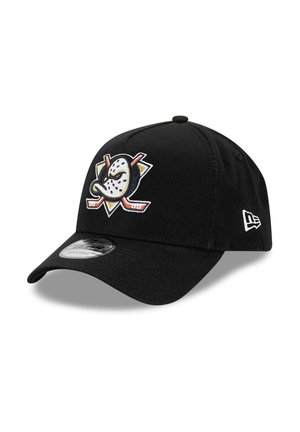Black baseball cap featuring a prominent embroidered logo of a hockey mask with crossed sticks, made from a textured fabric.