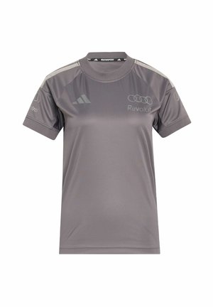 Graues Adidas Motorsport-T-Shirt mit kurzen Ärmeln, Audi- und Revolut-Logos auf der Brust und den Ärmeln, mit Rundhalsausschnitt.