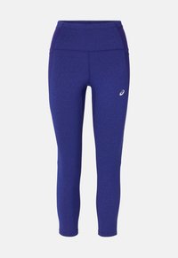Leggings sportivi viola con un design elegante, vita alta e tessuto testurizzato. Presentano un piccolo logo sulla gamba sinistra anteriore.