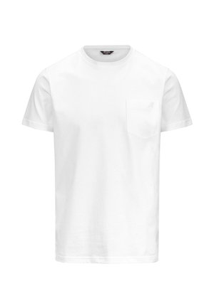 T-shirt bianco in cotone con maniche corte e scollatura tonda, dotato di una piccola tasca sul petto sinistro. Texture liscia e semplice.