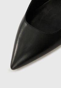 Chaussure en cuir noir à bout pointu avec une surface lisse et des coutures minimales. L'intérieur est élégant et mat, mettant en valeur le design affûté de la chaussure.