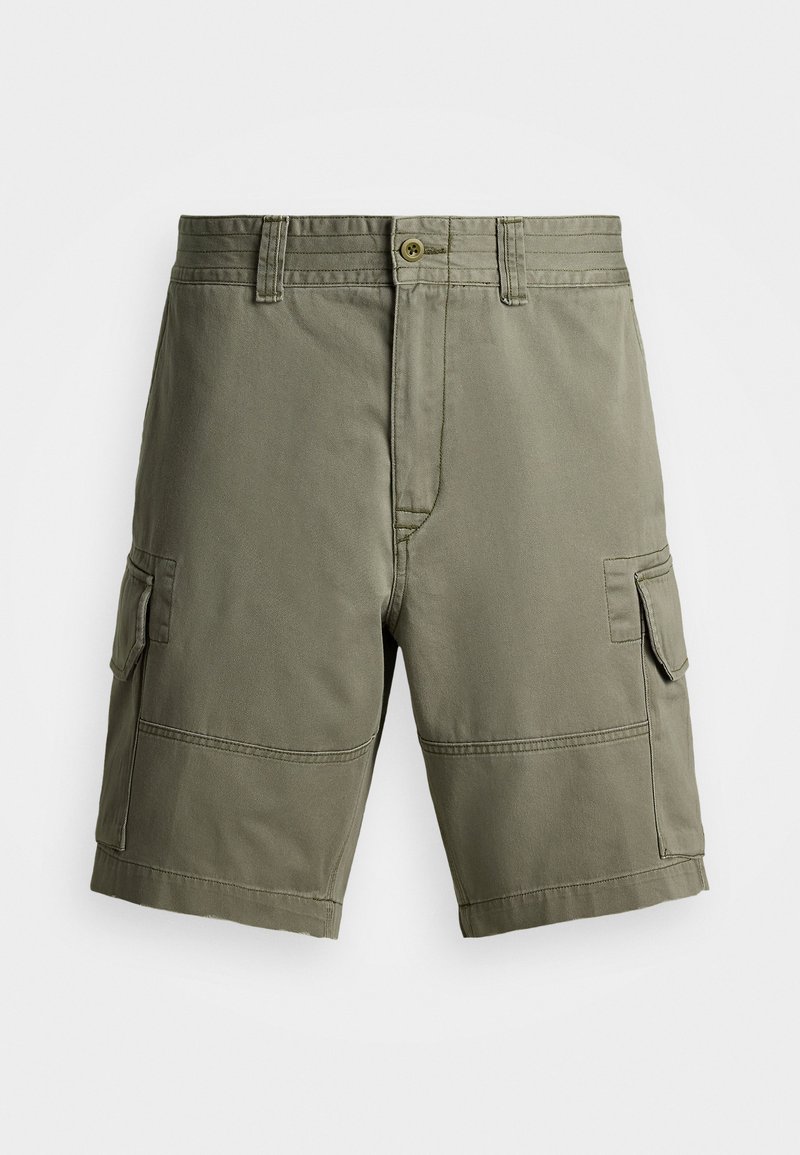 Olive-green cargo shorts made of cotton-blend fabric, featuring side pockets, a front button closure, and reinforced stitching.