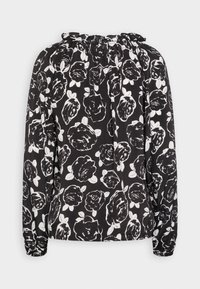 Blusa nera con motivo di rose bianche, con scollatura arricciata, maniche lunghe e polsini elasticizzati. Tessuto morbido con una vestibilità comoda.