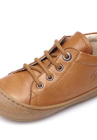 Scarpa in pelle marrone con punta rotonda, design con lacci e occhielli in metallo. Suola in gomma con grip testurizzato. Fodera interna liscia.