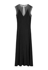 Zwarte mouwloze jurk met V-hals, mesh-accenten op de schouders en een vloeiende silhouet. Heeft een keyhoel-sluiting aan de achterkant.