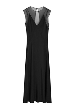 Vestito nero senza maniche con scollo a V, dettaglio in rete sulle spalle e silhouette fluida. Presenta una chiusura posteriore a occhiello.