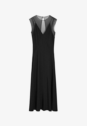 Černé šaty bez rukávů s výstřihem do V, síťovaným detailem na ramenou a splývavou siluetou. Mají zadní klíčový otvor na zapínání.