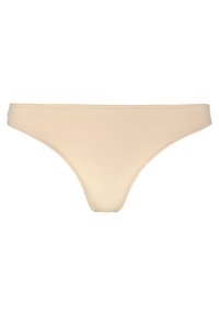 String en coton beige avec une texture lisse, ceinture élastique et couverture minimale, présentant des bords nets et aucune couture visible.