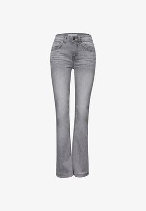 Jeans in denim grigio slavato con vita a mezza altezza, stile a cinque tasche, chiusura con bottone e gambe leggermente svasate.