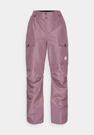 Lila wasserdichte Schneehose mit lockerer Passform, zwei großen Seitentaschen, Druckknöpfen, verstärkten Knien und einem Logo am Unterschenkel.
